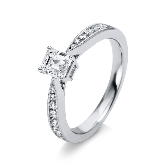 Ring 18 kt WG, 1 Sm.schliff 0,63 ct, TW-vsi, 14 Brill. 0,35 ct, TW-vsi