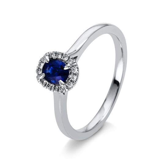 Ring 18 kt WG, 14 Brill. 0,07 ct, TW-si, 1 Saphir 0,39 ct blau