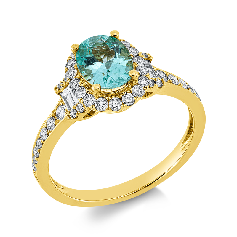 Ring 18 kt GG, 2 Bag. 0,17 ct, TW-si, 40 Brill. 0,41 ct, TW-si, 1 Paraiba 1,14 ct blau