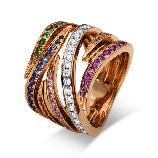 Ring 18 kt RG+WG, 21 Brill. 0,40 ct, TW-vsi, 59 Saphire 1,19 ct multicolor