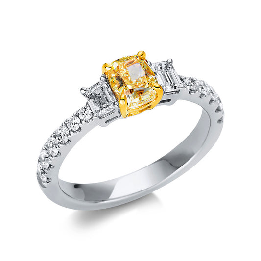 Ring 18 kt WG+GG, GIA3225770821, 2 Sm.schliff 0,38 ct, TW-si, 12 Brill. 0,36 ct, TW-si, 1 Dia. 1,00 ct, gelb