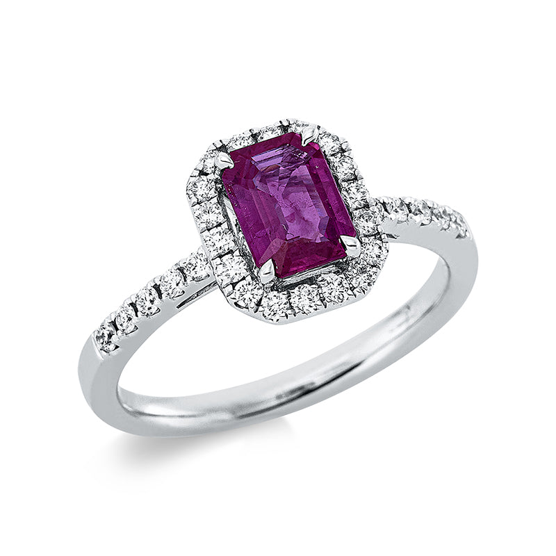 Ring 18 kt WG, Rubin niedrigerer Qualität, 1 Rubin 1,00 ct rot, 28 Brill. 0,30 ct, TW-si