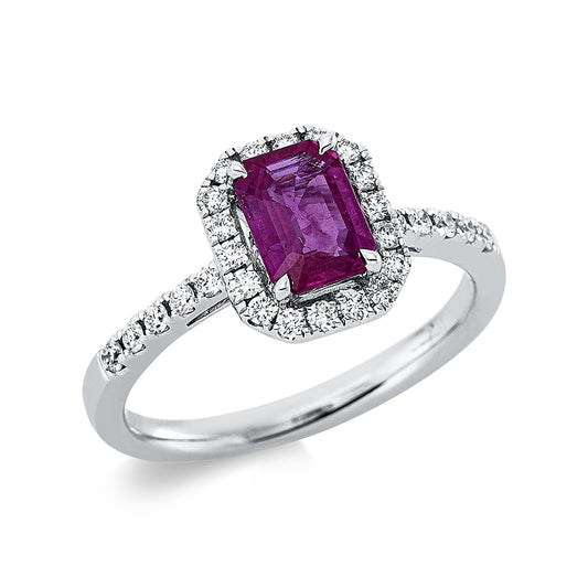 Ring 18 kt WG, Rubin niedrigerer Qualität, 1 Rubin 1,00 ct rot, 28 Brill. 0,30 ct, TW-si