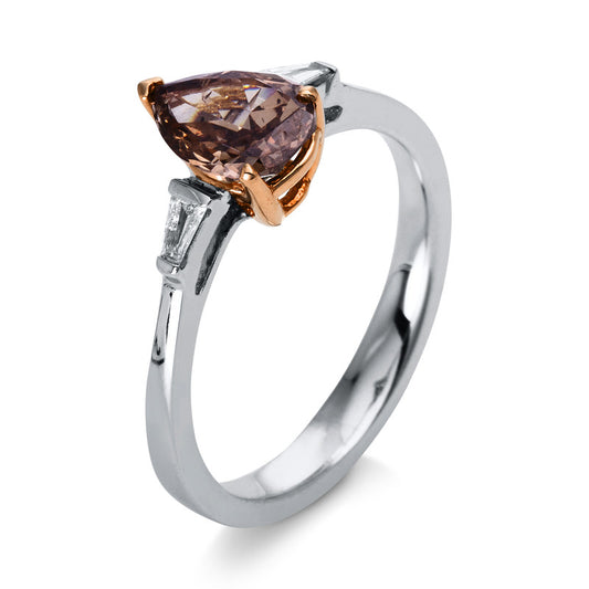 Ring 18 kt WG+RG, 2 Bag. 0,09 ct, TW-si, 1 Tropfen 1,02 ct, braun