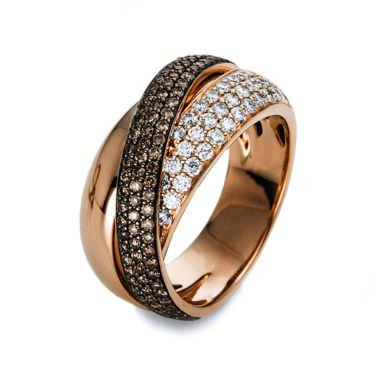 Ring 18 kt RG, Fassung teils schwarz rhodinie, 41 Brill. 0,56 ct, TW-si, 103 Brill. 0,65 ct, braun