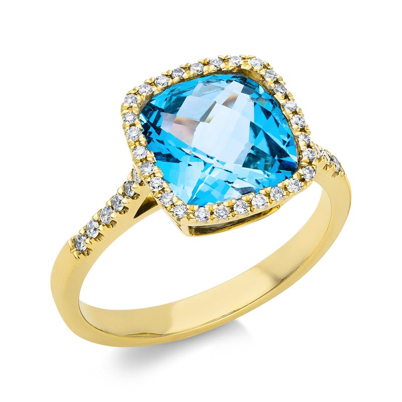 Ring 18 kt GG, 40 Brill. 0,21 ct, TW-si, 1 Topas 3,90 ct blau