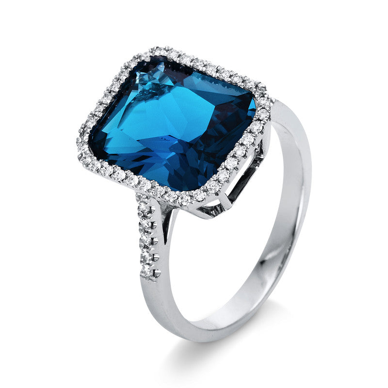 Ring 18 kt WG, 48 Brill. 0,24 ct, TW-si, 1 Topas 7,00 ct Lond. blue