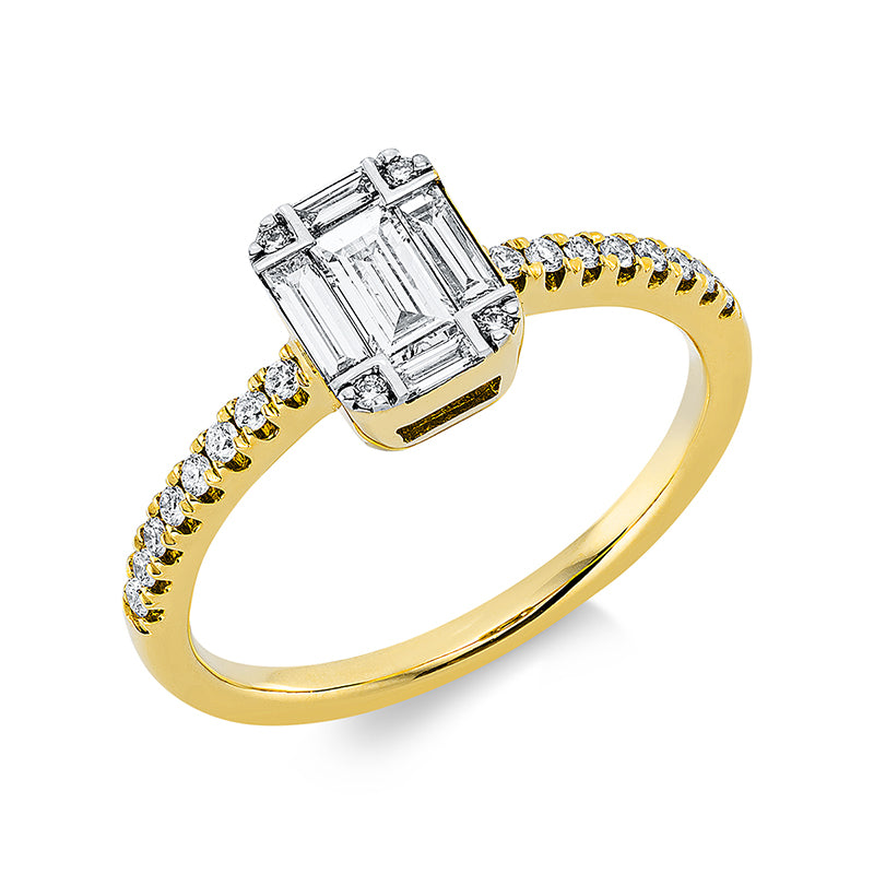 Ring 18 kt GG, Fassung rhodiniert, 5 Bag. 0,38 ct, TW-si, 20 Brill. 0,15 ct, TW-si