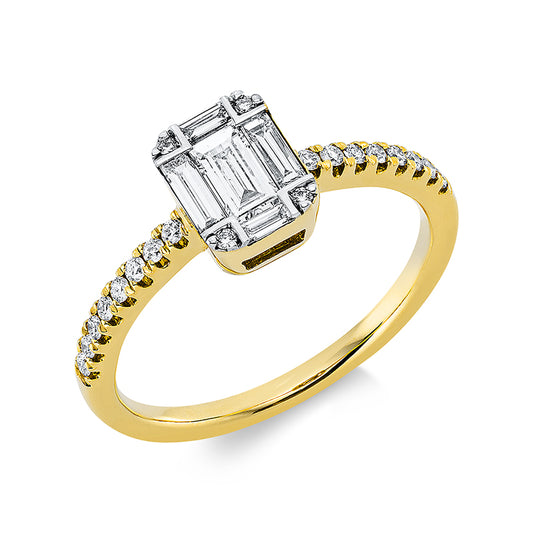 Ring 18 kt GG, Fassung rhodiniert, 5 Bag. 0,38 ct, TW-si, 20 Brill. 0,15 ct, TW-si