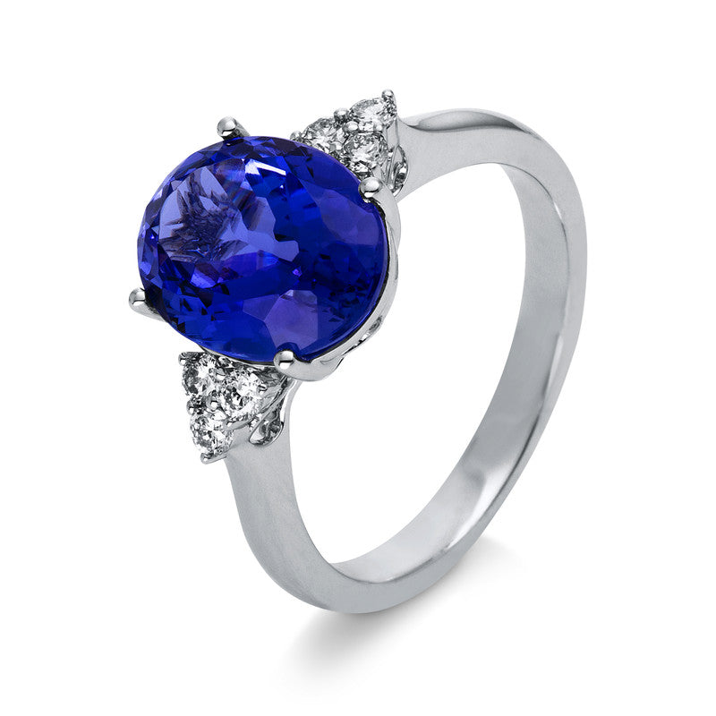 Ring 14 kt WG, 6 Brill. 0,19 ct, TW-si, 1 Tansanit 3,56 ct blau