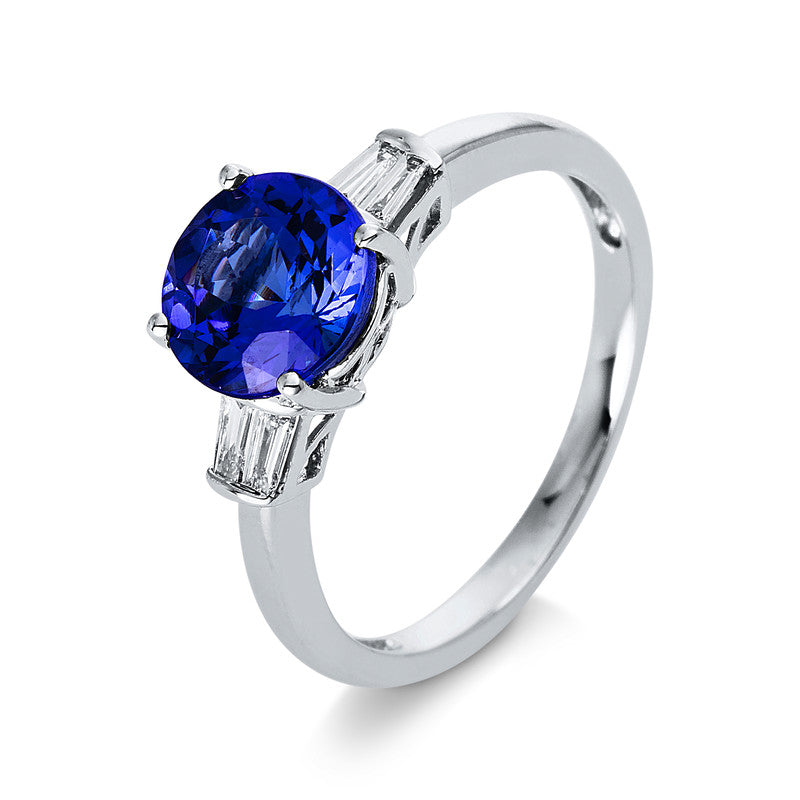 Ring 14 kt WG, 4 Bag. 0,14 ct, TW-si, 1 Tansanit 2,14 ct blau
