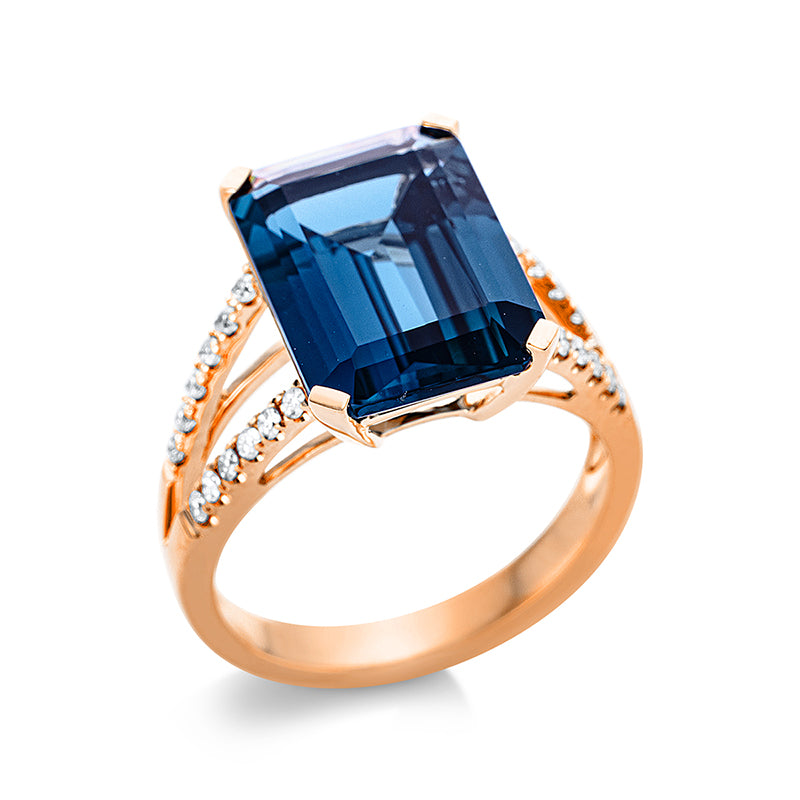 Ring 18 kt RG, 24 Brill. 0,25 ct, TW-si, 1 Topas 7,50 ct Lond. blue