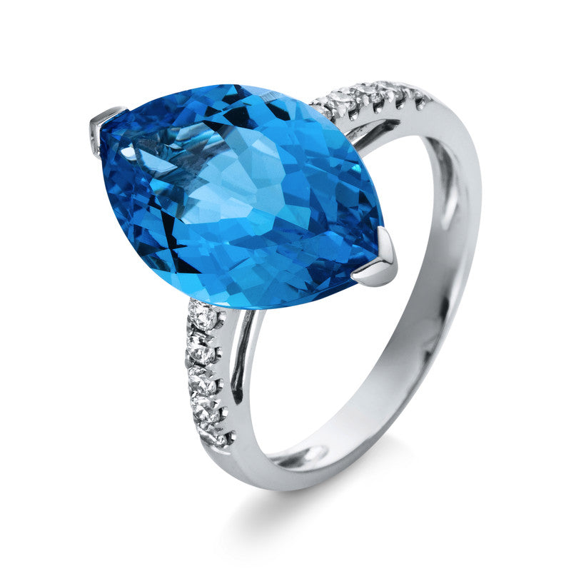 Ring 18 kt WG, 10 Brill. 0,23 ct, TW-si, 1 Blautopas 8,90 ct blau