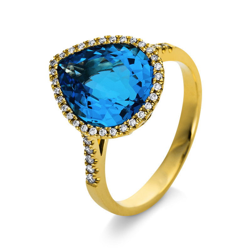 Ring 18 kt GG, 43 Brill. 0,17 ct, TW-si, 1 Topas 5,30 ct blau