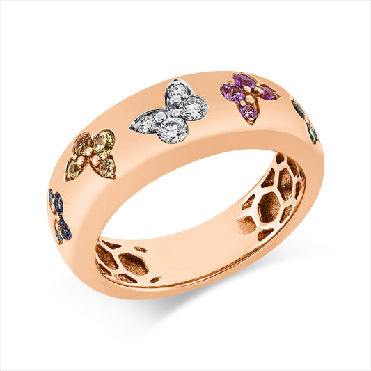 Ring 18 kt RG, Fassung rhodiniert, 4 Brill. 0,11 ct, TW-vsi, 16 saphire 0,38 ct multi