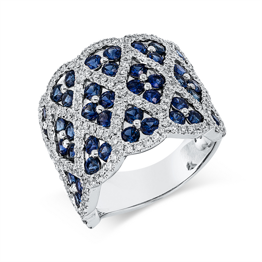 Ring 18 kt WG, 176 Brill. 0,91 ct, TW-vsi/si, 48 Saphire 2,94 ct blau