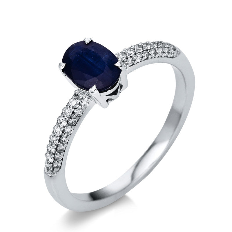 Ring 18 kt WG, 48 Brill. 0,20 ct, TW-si, 1 Saphir 0,93 ct blau