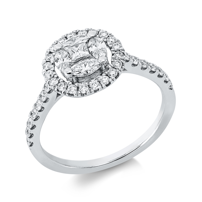 Ring 18 kt WG, 4 Nav. 0,30 ct, TW-si, 1 Princ. 0,07 ct, TW-si, 34 Brill. 0,39 ct, TW-si
