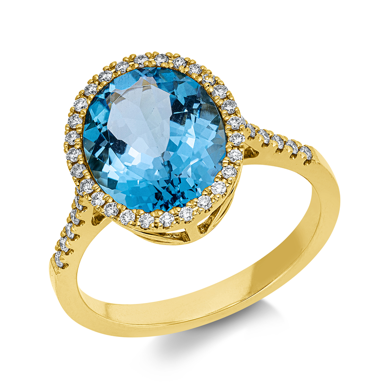Ring 18 kt GG, 40 Brill. 0,23 ct, TW-si, 1 Topas 4,40 ct blau