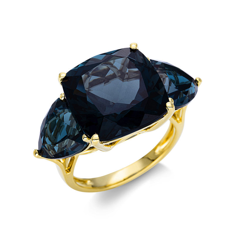 Ring 18 kt GG, 1 Topas 16,00 ct Lond. blue, 2 Topase 6,60 ct Lond. blue