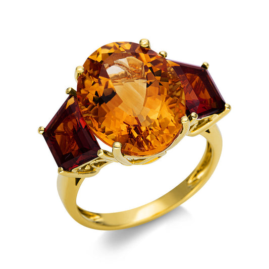 Ring 18 kt GG, 1 Citrin 8,60 ct gold, 2 Citrin 2,60 ct mandarin