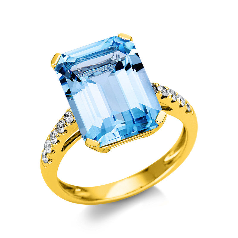 Ring 18 kt GG, 10 Brill. 0,20 ct, TW-si, 1 Topas 9,30 ct sky blue