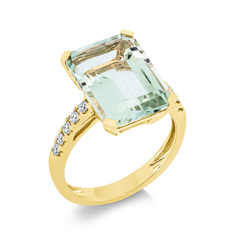 Ring 18 kt GG, 10 Brill. 0,23 ct, TW-si, 1 Amethyst 6,80 ct grün