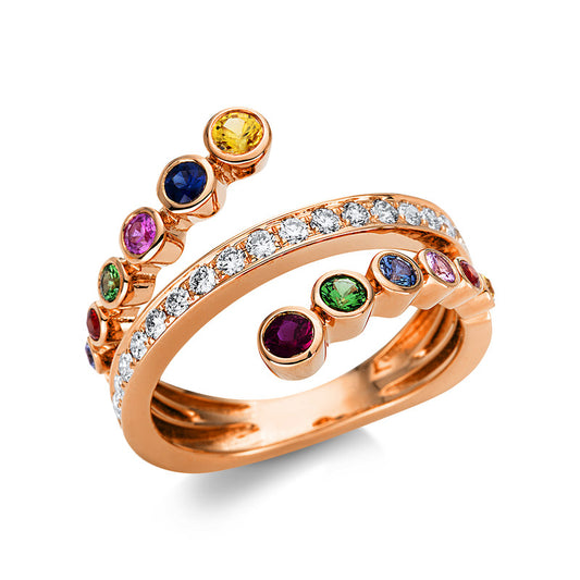 Ring 18 kt RG, 17 Brill. 0,29 ct, TW-vsi, 9 Saphire 0,38 ct multicolor, 2 Tsavorith 0,09 ct, 1 Rubin 0,08 ct