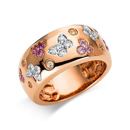 Ring 18 kt RG+WG, 12 Brill. 0,22 ct, TW-vsi, 6 Saphire 0,07 ct gelb, 12 Saphire 0,26 ct multicolor