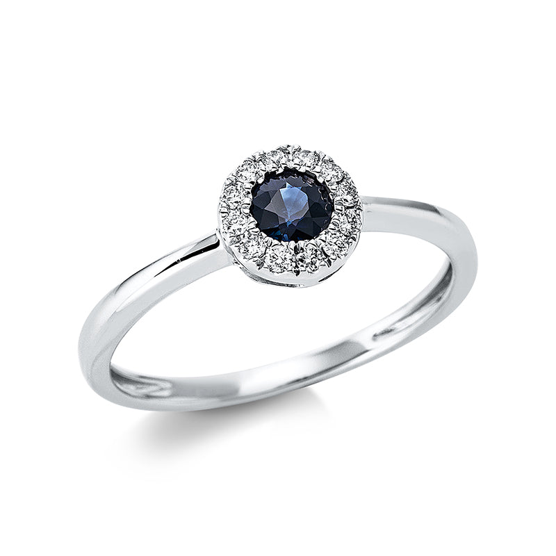 Ring 18 kt WG, 12 Brill. 0,10 ct, TW-si, 1 Saphir 0,28 ct blau