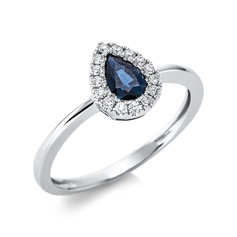 Ring 18 kt WG, 15 Brill. 0,11 ct, TW-si, 1 Saphir 0,48 ct blau