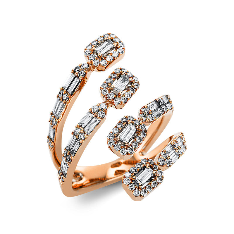 Ring 18 kt RG, 25 Bag. 0,74 ct, TW-si, 3 Trap. 0,10 ct, TW-si, 92 Brill. 0,53 ct, TW-si