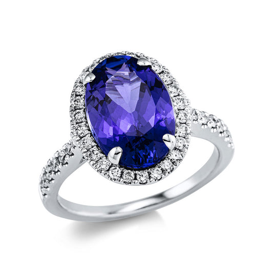 Ring 14 kt WG, 40 Brill. 0,43 ct, TW-si, 1 Tansanit 5,00 ct blau