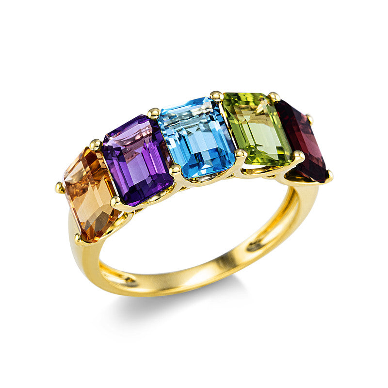 Ring 18 kt GG, 5 Farbsteine 5,40 ct multicolor