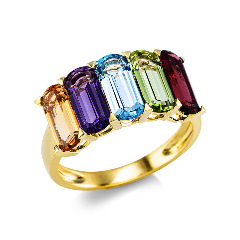 Ring 18 kt GG, 5 Farbsteine 5,30 ct multicolor