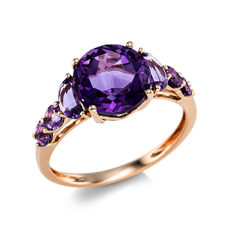 Ring 18 kt RG, 2 Amethyste 0,40 ct, 1 Amethyst 2,70 ct, 4 Amethyste 0,50 ct