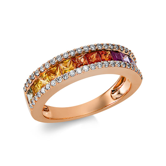 Ring 18 kt RG, 48 Brill. 0,31 ct, TW-si, 1 Rubin 0,12 ct rot, 11 Saphire 1,27 ct fancy