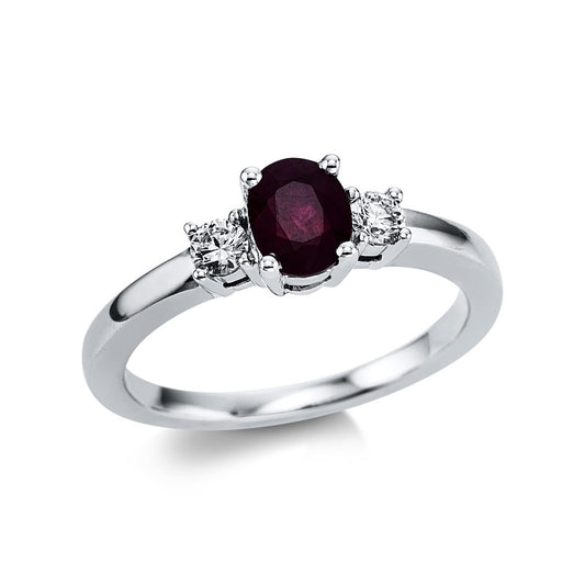 Ring 18 kt WG, 2 Brill. 0,18 ct, TW-vsi, 1 Rubin 0,87 ct rot