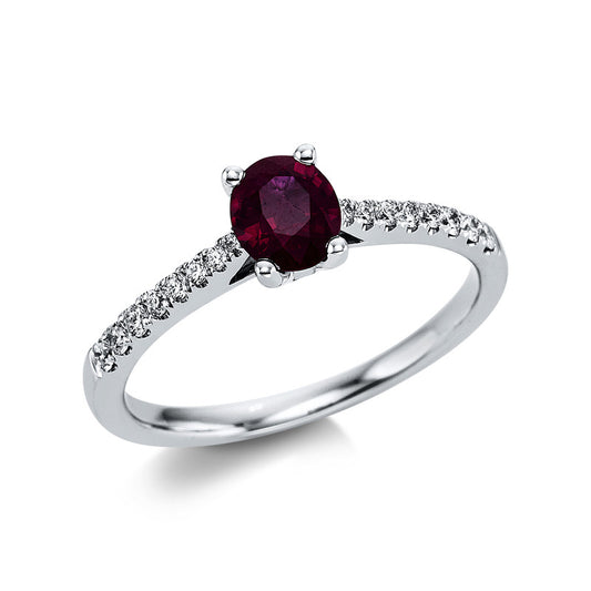 Ring 18 kt WG, 16 Brill. 0,17 ct, TW-vsi, 1 Rubin 0,67 ct rot