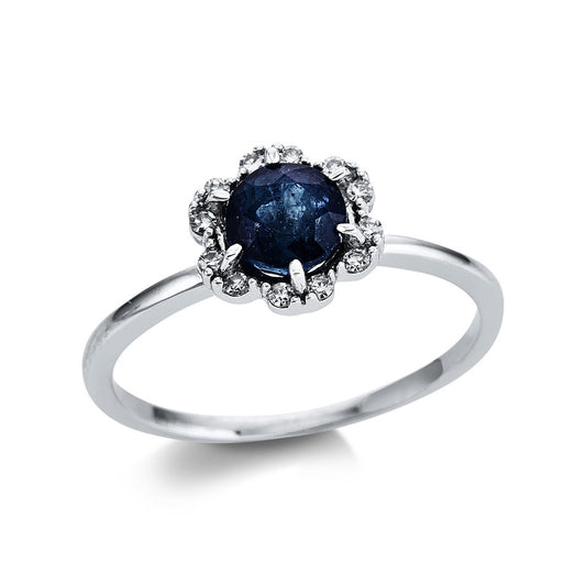 Ring 18 kt WG, 12 Brill. 0,09 ct, TW-si, 1 Saphir 1,15 ct blau