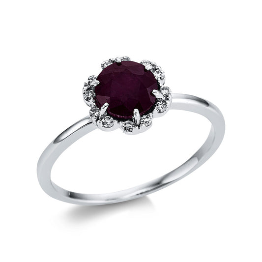 Ring 18 kt WG, 12 Brill. 0,09 ct, TW-si, 1 Rubin 1,42 ct rot