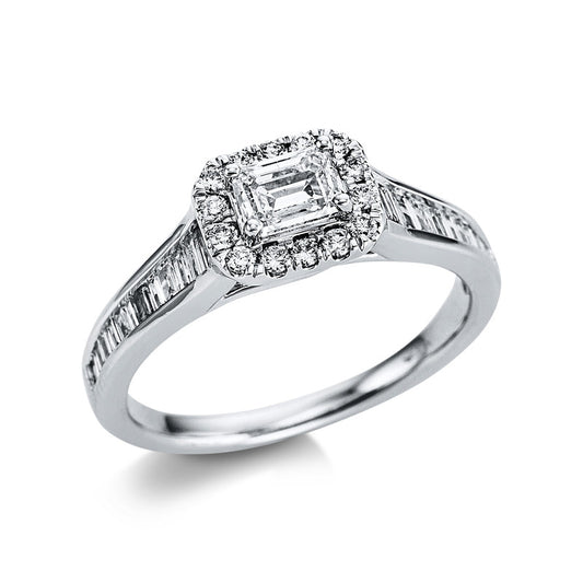 Ring 18 kt WG, 26 Bag. 0,39 ct, TW-si, 1 Sm.schliff 0,47 ct, TW-si, 14 Brill. 0,15 ct, TW-si