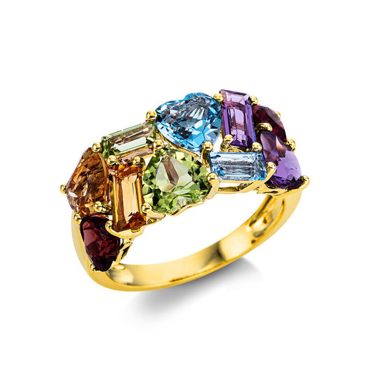 Ring 18 kt GG, 4 Farbsteine 1,20 ct multicolor, 6 Farbsteine 4,40 ct multicolor