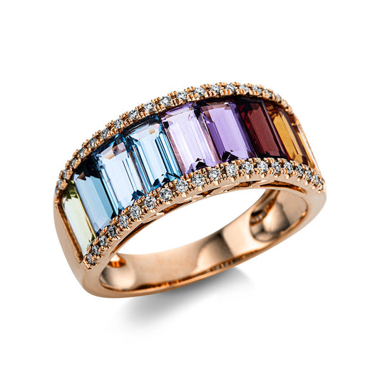 Ring 18 kt RG, 40 Brill. 0,18 ct, TW-si, 9 Farbsteine 3,60 ct multicolor