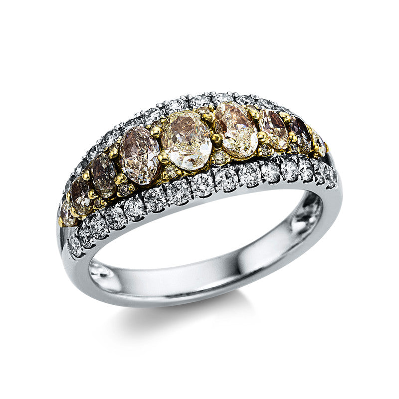 Ring 18 kt WG+GG, 30 Brill. 0,55 ct, TW-si, 7 Oval 1,20 ct, gelb, 12 Brill. 0,04 ct, gelb