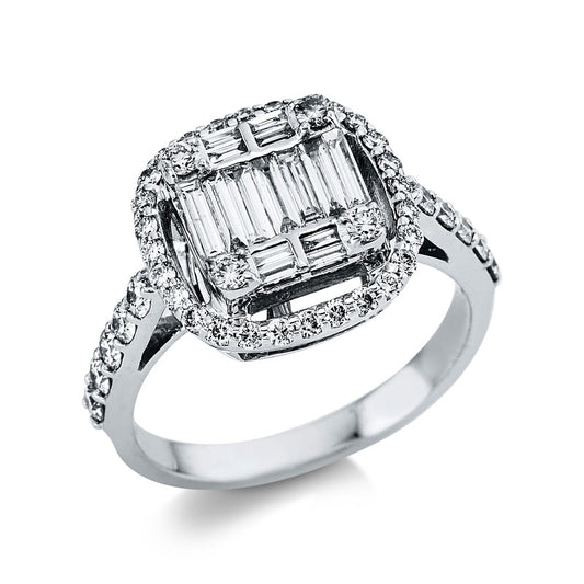 Ring 18 kt WG, 15 Bag. 0,46 ct, TW-vsi/si, 43 Brill. 0,65 ct, TW-vsi/si