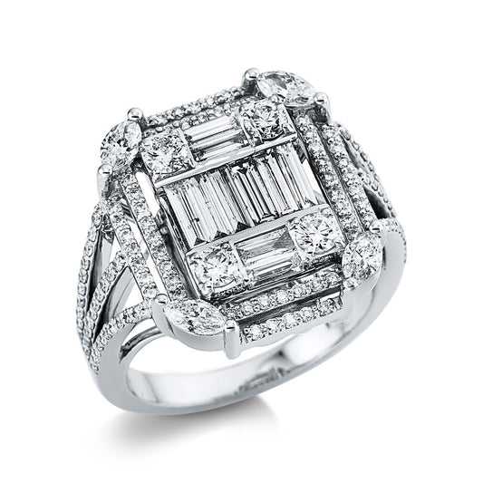 Ring 18 kt WG, 10 Bag. 0,57 ct, TW-vsi/si, 4 Nav. 0,37 ct, TW-vsi/si, 120 Brill. 0,76 ct, TW-vsi/si