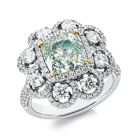 Ring 18 kt WG+GG, GIA5156670769, 8 Brill. 0,71 ct, TW-si, 1 Cushion 3,09 ct, grün-si2, 145 Brill. 0,92 ct, F-vsi/si