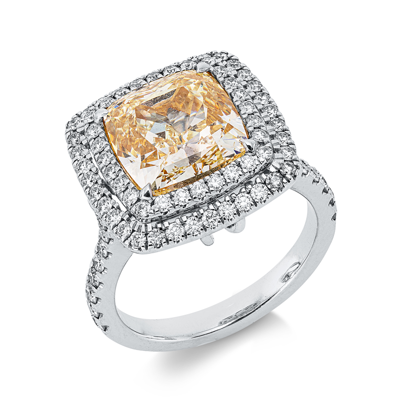 Ring 18 kt WG, GIA2286590370, 1 Cushion 5,33 ct, gelb-si, 82 Brill. 0,82 ct, F-vsi/si