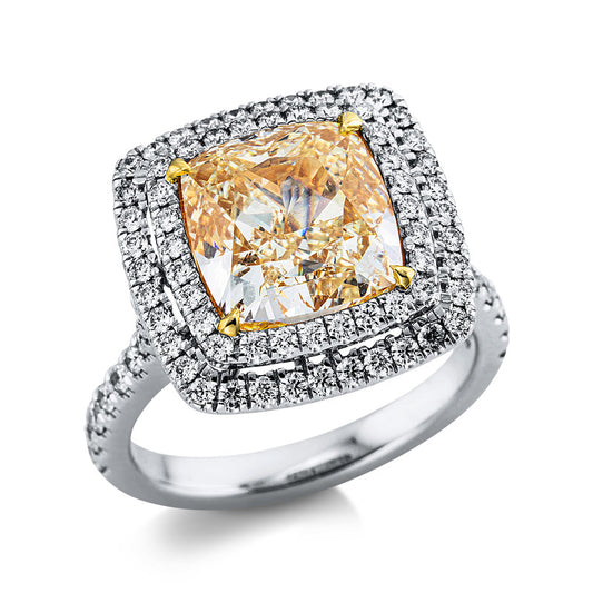 Ring 18 kt WG+GG, GIA 2286590370, 1 Cushion 5,33 ct, gelb-si1, 82 Brill. 0,82 ct, D/F-vsi/si